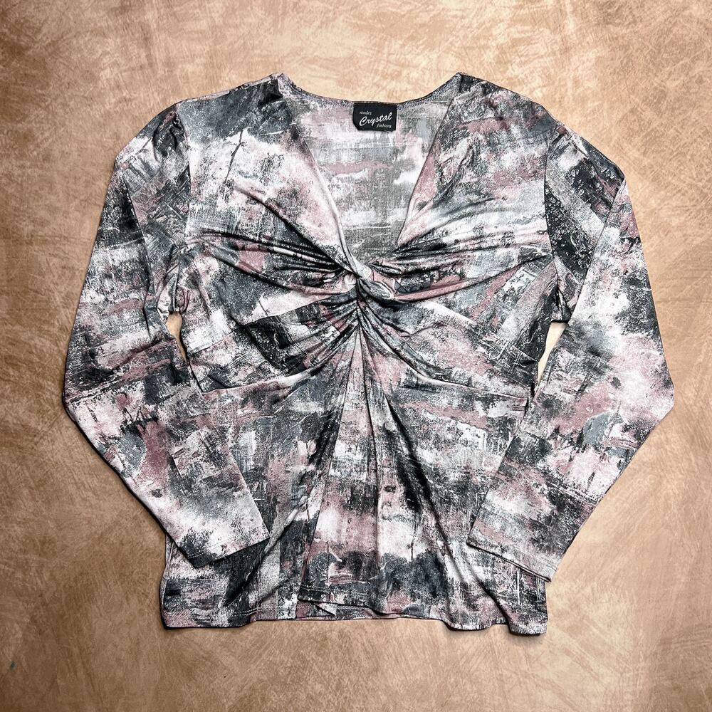 Vintage Y2K Crystal Ruched Twist Top Multicolor Metallic Long Sleeve Round Neck